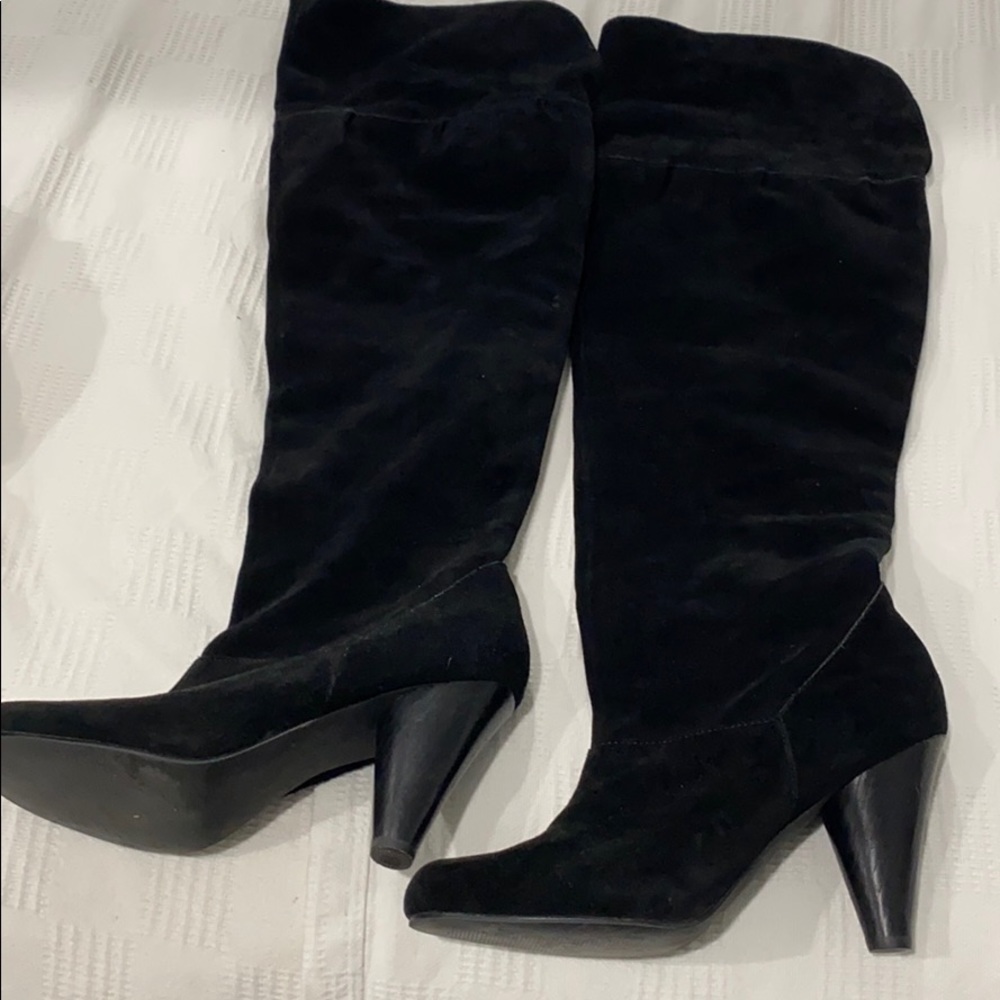 RESTRICTED Black Suede Knee High Heeled Boots